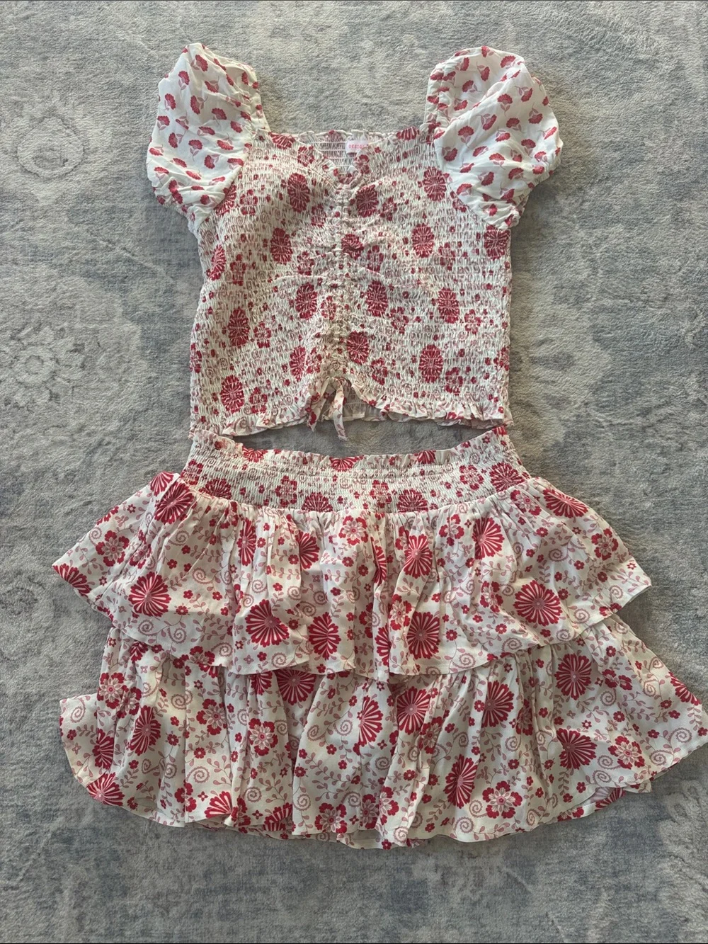 Design History Girls White and Red Floral Smocked Crop Top & Tiered Skirt Set